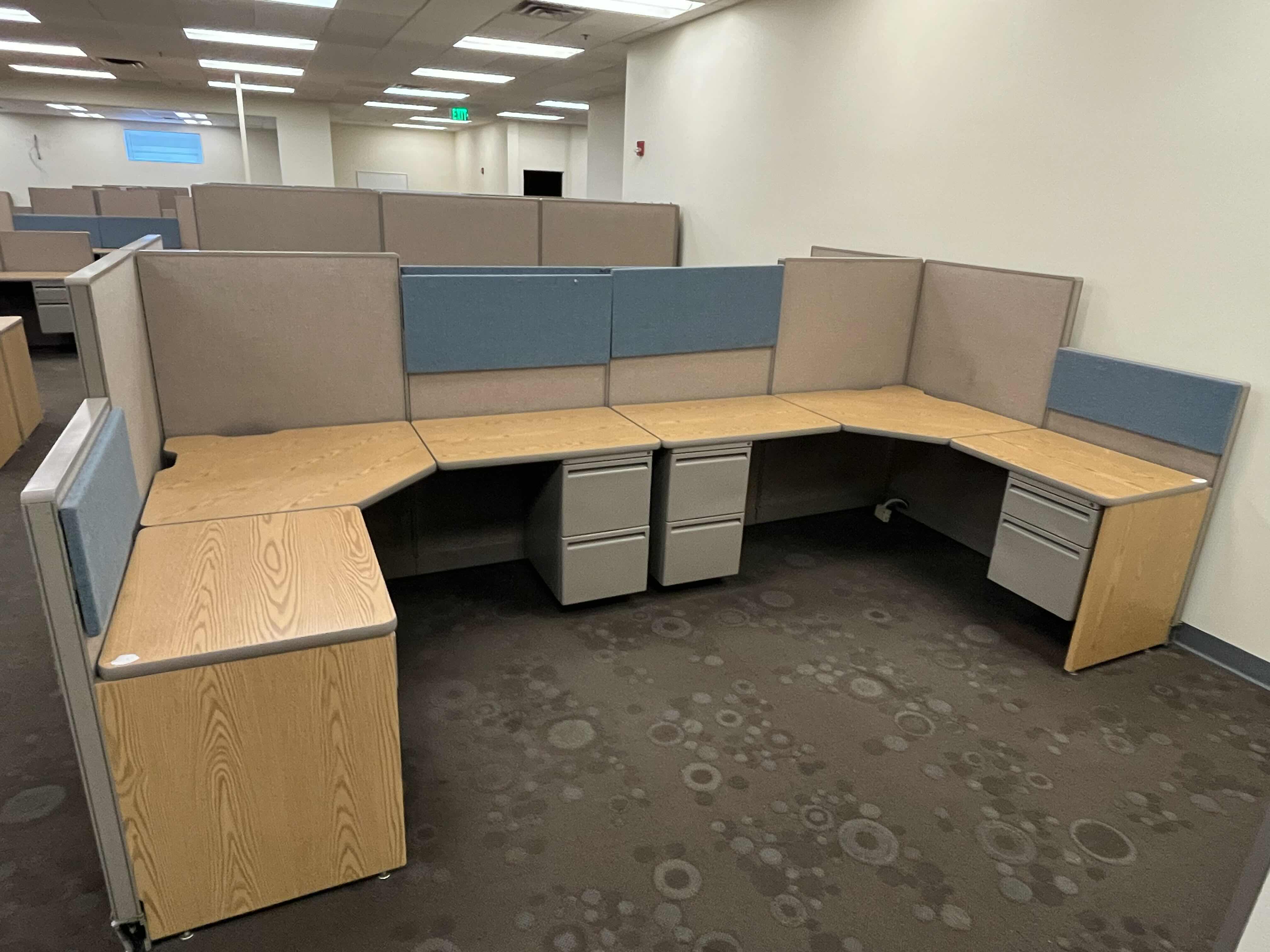 Photo 3 of HAWORTH BUILT IN CUBICLE L SHAPE OFFICE DESKS (4) W CUBICLE PANELS 
(OVERALL DIMENSIONS 151” X 135” H56”) READ NOTES