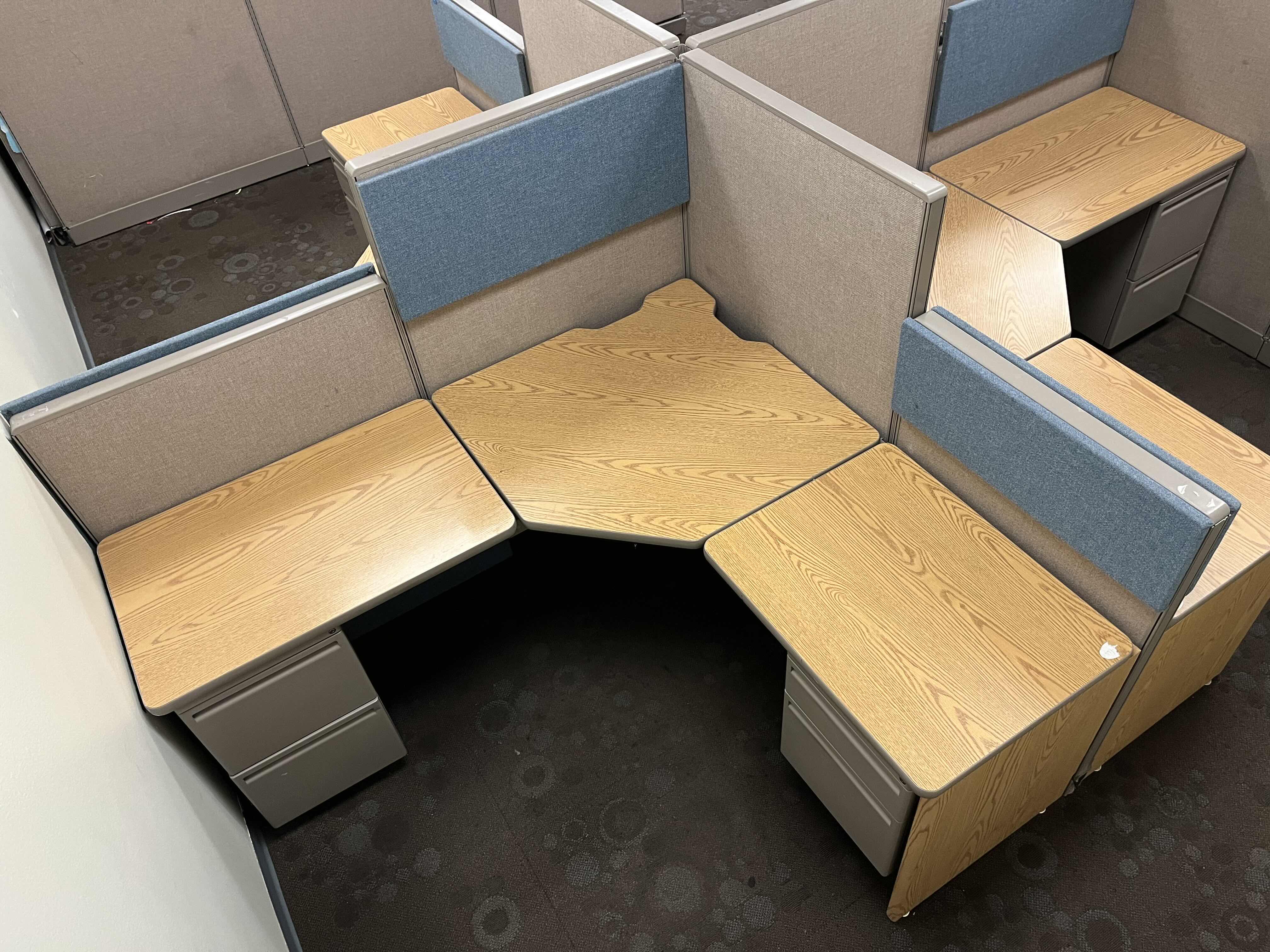 Photo 1 of HAWORTH BUILT IN CUBICLE L SHAPE OFFICE DESKS (4) W CUBICLE PANELS 
(OVERALL DIMENSIONS 151” X 135” H56”) READ NOTES
