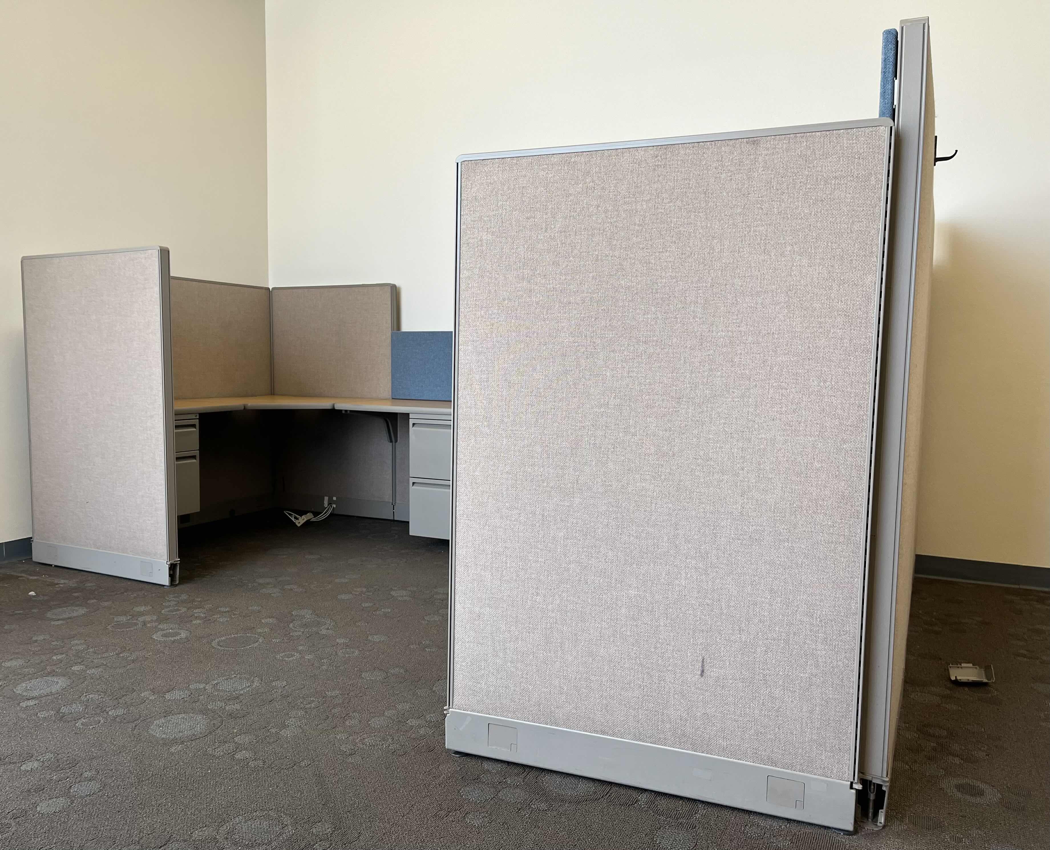 Photo 5 of HAWORTH BUILT IN CUBICLE OFFICE DESKS (2) W CUBICLE PANELS 
(OVERALL DIMENSIONS 147” X 104” H64.25”) READ NOTES