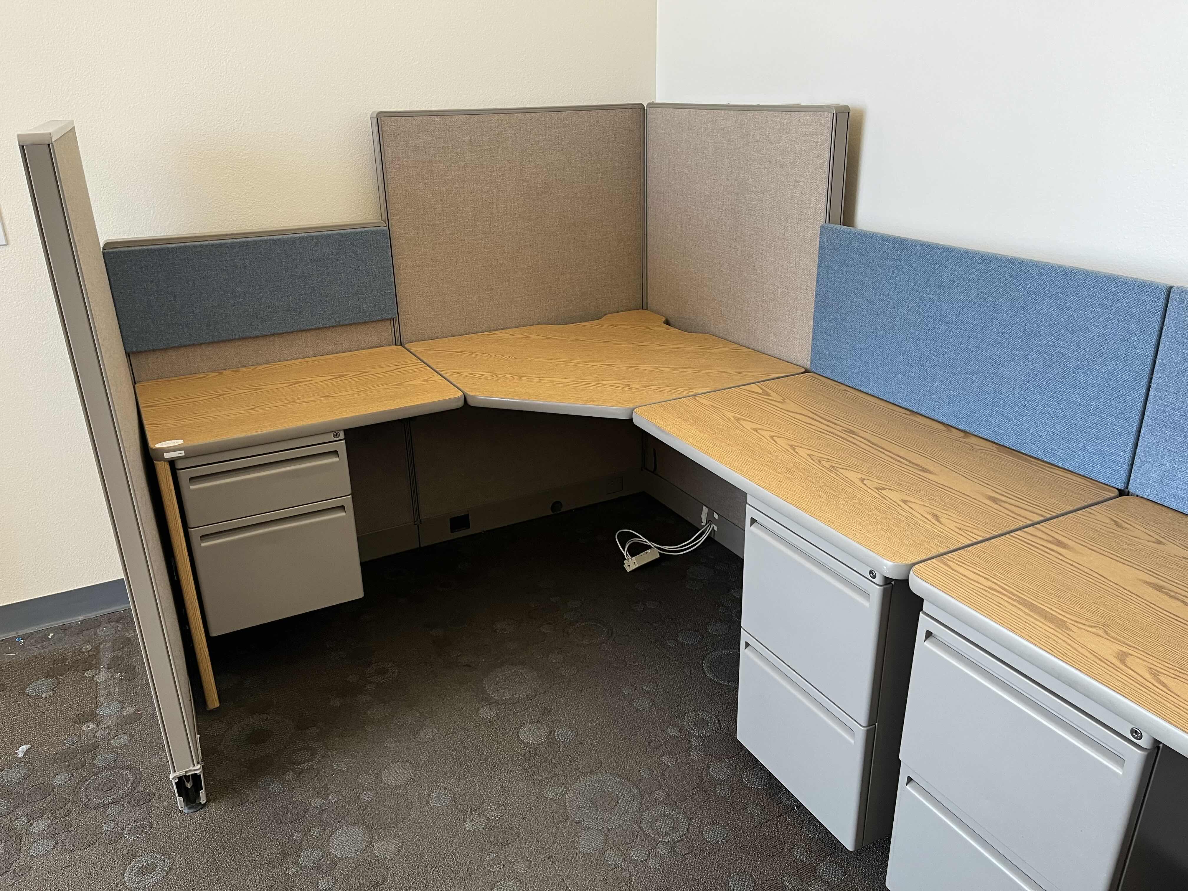 Photo 2 of HAWORTH BUILT IN CUBICLE OFFICE DESKS (2) W CUBICLE PANELS 
(OVERALL DIMENSIONS 147” X 104” H64.25”) READ NOTES