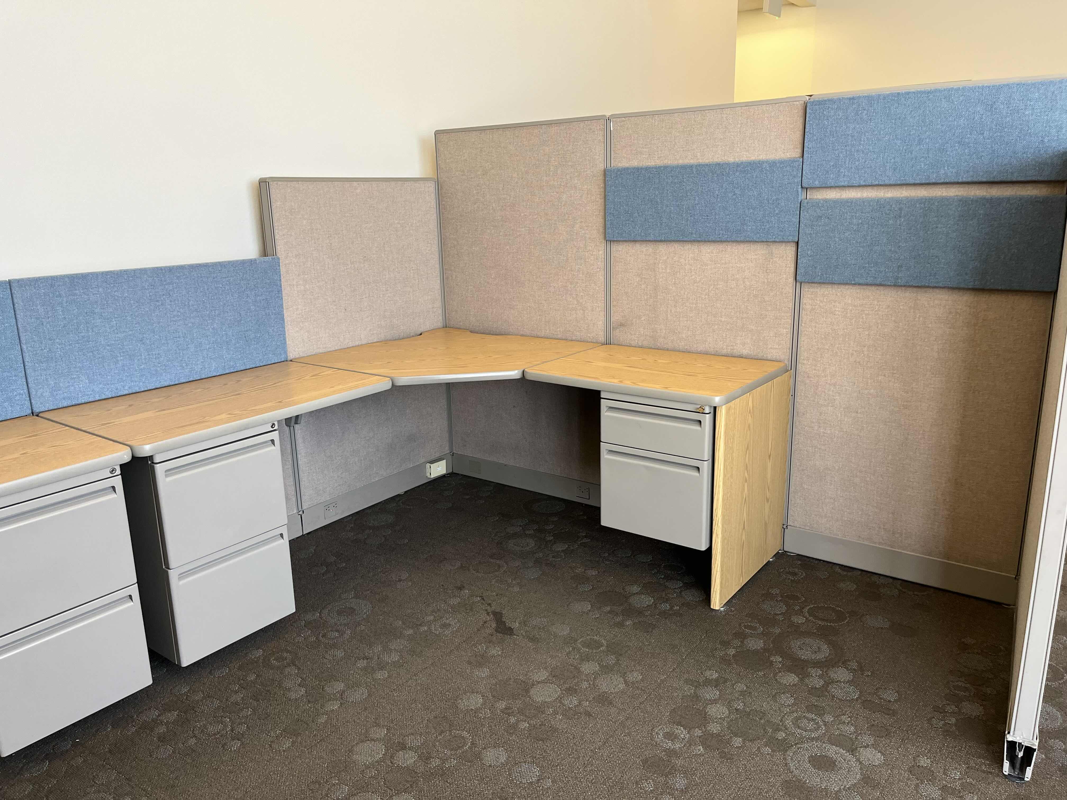 Photo 3 of HAWORTH BUILT IN CUBICLE OFFICE DESKS (2) W CUBICLE PANELS 
(OVERALL DIMENSIONS 147” X 104” H64.25”) READ NOTES