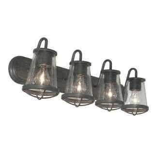Photo 1 of HOME DECORATORS COLLECTION WEATHERED IRON FINISH & CLEAR SEEDED GLASS SHADES GEORGINA 4-LIGHT VANITY FIXTURE 1004 693 725