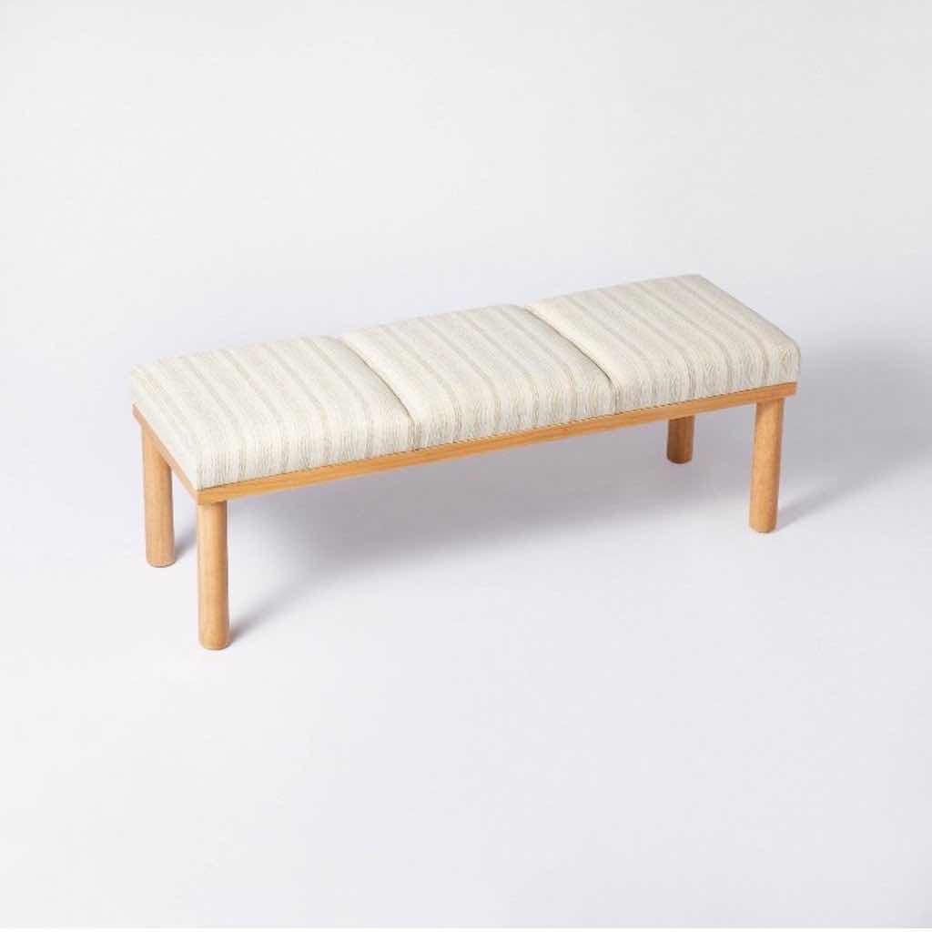 Photo 1 of THRESHOLD DESIGNED WITH STUDIO MCGEE SCOFIELD NEUTRAL STRIPED CHANNEL TUFTED WOOD LEGGED BENCH 249 12 0080