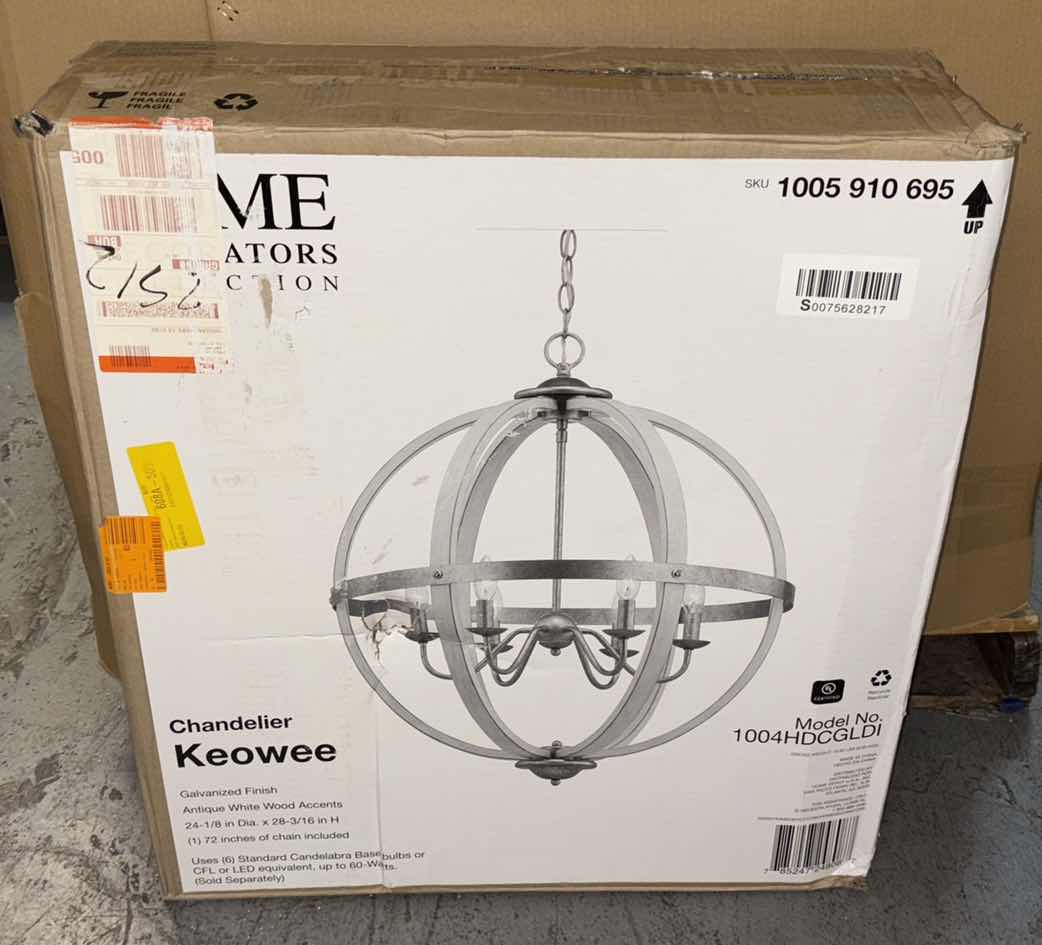 Photo 9 of HOME DECORATORS COLLECTION GALVANIZED FINISH & ANTIQUE WHITE WOOD ACCENTS KEOWEE 6-LIGHT CHANDELIER 1005 910 695