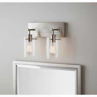 Photo 2 of HAMPTON BAY REGAN 12.75” BRUSHED NICKEL CLEAR GLASS SHADE 2 LIGHT VANITY FIXTURE LIGHT 802513190762