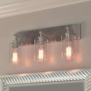 Photo 3 of HAMPTON BAY REGAN 21” BRUSHED NICKEL CLEAR GLASS SHADE 3 LIGHT VANITY FIXTURE LIGHT DS19268