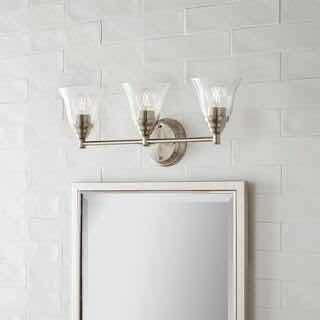 Photo 4 of HAMPTON BAY MARSDEN TRANSITIONAL BRUSHED NICKEL 23.5” CLEAR GLASS SHADE 3 LIGHT VANITY FIXTURE LIGHT HB3677-35