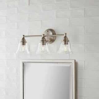 Photo 5 of HAMPTON BAY MARSDEN TRANSITIONAL BRUSHED NICKEL 23.5” CLEAR GLASS SHADE 3 LIGHT VANITY FIXTURE LIGHT HB3677-35