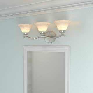 Photo 3 of HAMPTON BAY ANDENNE BRUSHED NICKEL 26.3” TRANSITIONAL MARBLEIZED GLASS SHADE 3 LIGHT VANITY FIXTURE LIGHT