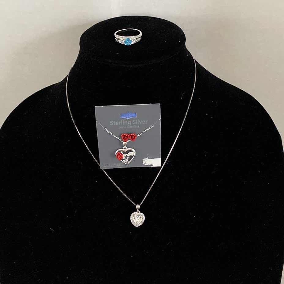 Photo 1 of 3 - S 925 SILVER NECKLACE, RING NO MARK, AND RED ROSE EARRINGS