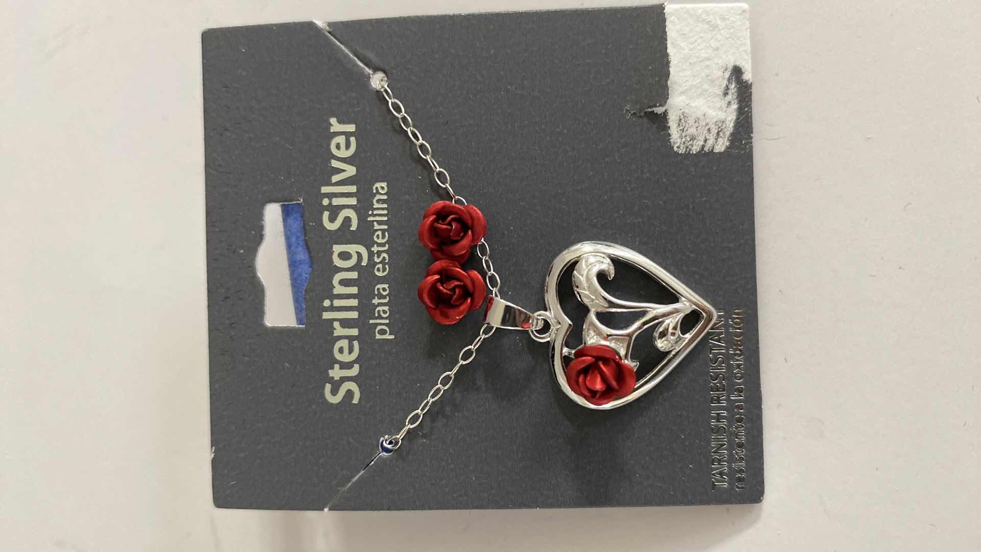 Photo 4 of 3 - S 925 SILVER NECKLACE, RING NO MARK, AND RED ROSE EARRINGS