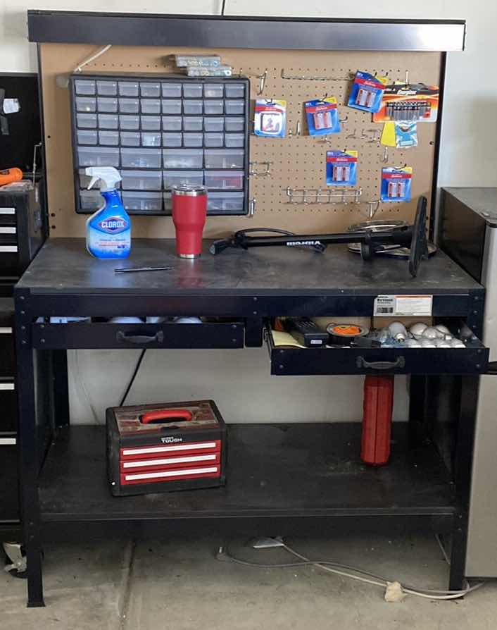 Photo 1 of WORK BENCH WITH ITEMS ON BENCH AND IN DRAWERS 48“ x 24“ H 64”