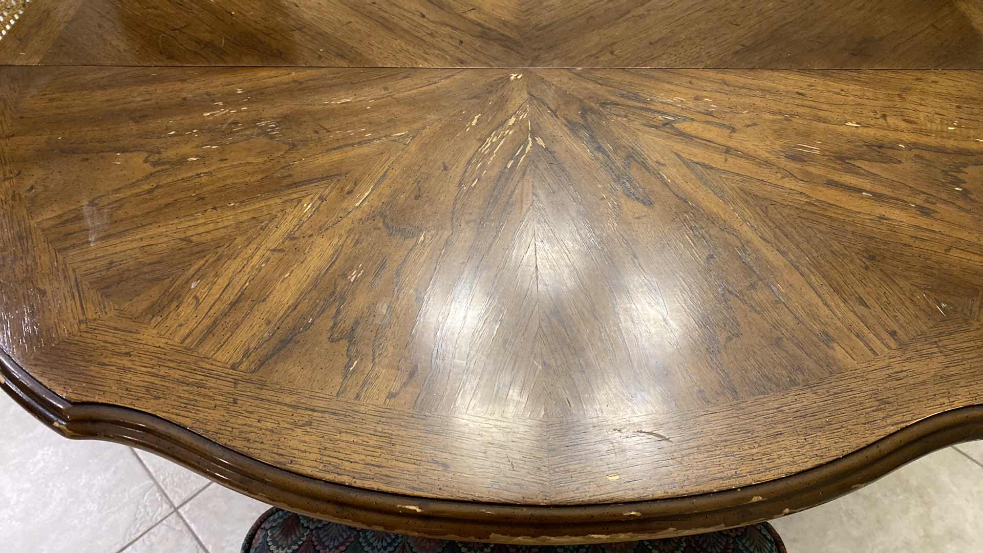 Photo 7 of WOOD DINING TABLE WITH 6 CAN BACK CHAIRS 35” X 42” H29.5” AND 2 LEAFS 20” EACH. TABLE PADS INCLUDED - NEEDS REFINISHING