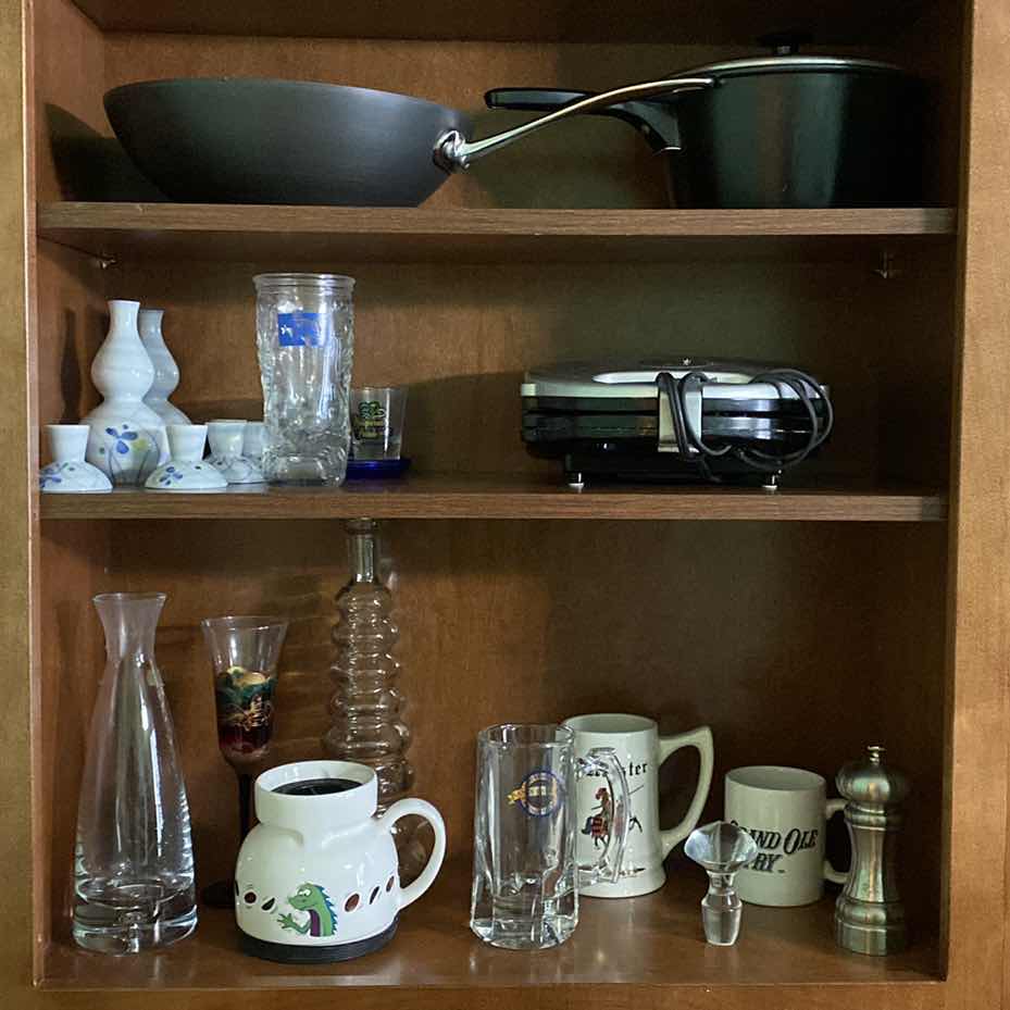 Photo 1 of CONTENTS 3 SHELFS - CALPHALON WOK PAN COFFEE CUPS AND MORE