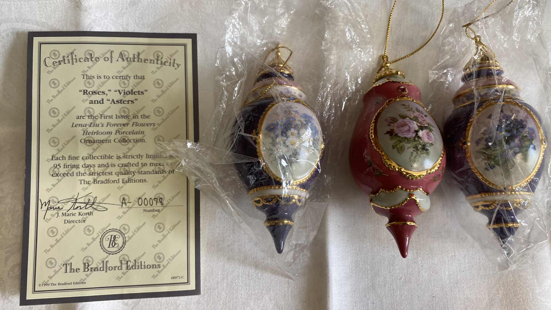Photo 1 of VINTAGE THREE LENA LIU’s FOREVER FLOWERS PORCELAIN ORNAMENTS COLLECTIBLES BY BRADFORD EXCHANGE WITH CERTIFICATE OF AUTHENTICITY