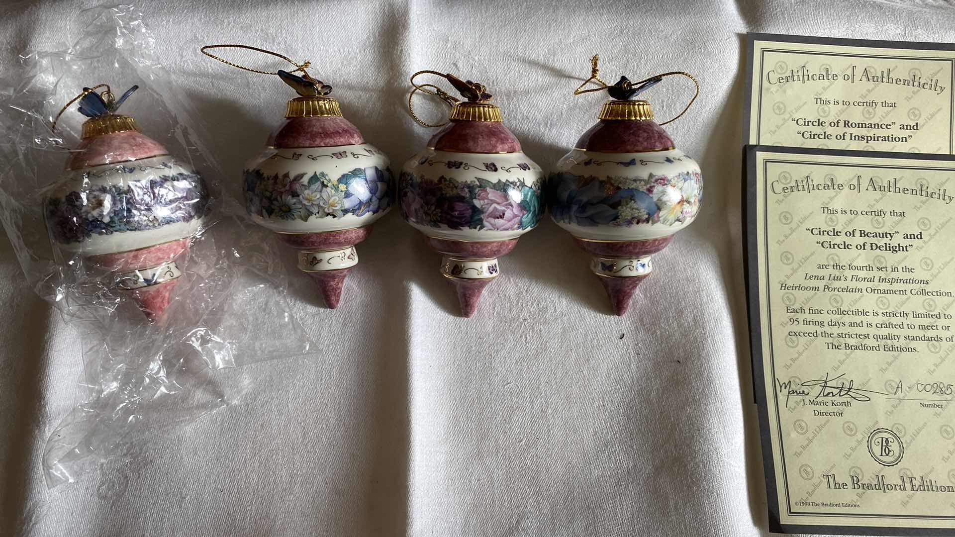 Photo 1 of VINTAGE FOUR LENA LIU’s FLORAL INSPIRATIONS PORCELAIN ORNAMENTS COLLECTIBLES BY BRADFORD EXCHANGE WITH 2 CERTIFICATE OF AUTHENTICITY (Pattern on certificate may not be correct)