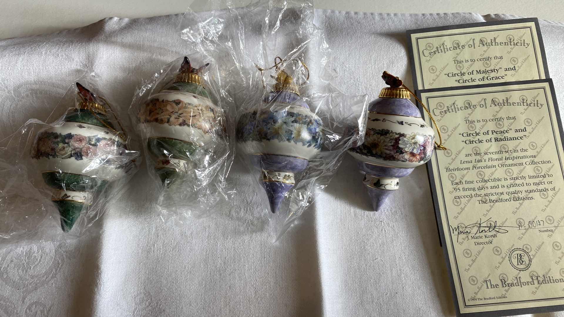 Photo 1 of VINTAGE FOUR LENA LIU’s FLORAL INSPIRATIONS PORCELAIN ORNAMENTS COLLECTIBLES BY BRADFORD EXCHANGE WITH 2 CERTIFICATE OF AUTHENTICITY (Pattern on certificate may not be correct)