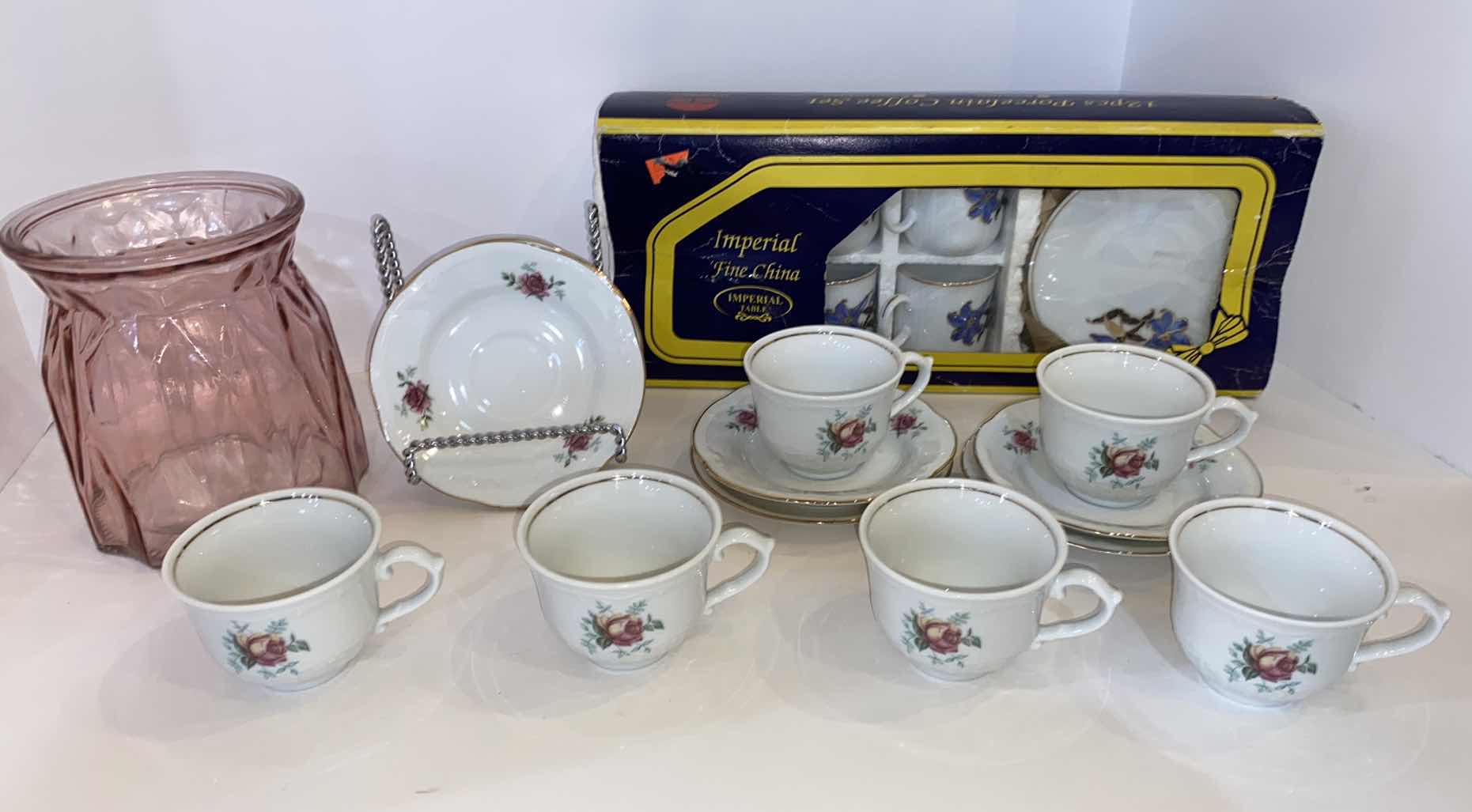 Photo 1 of GOLD RIMMED WTOCTAWEK POLAND  TEA POT TEA CUPS AND SAUCERS FOR 6 AND IMPERIAL CHINA TEA CUPS AND SAUCERS FOR 6