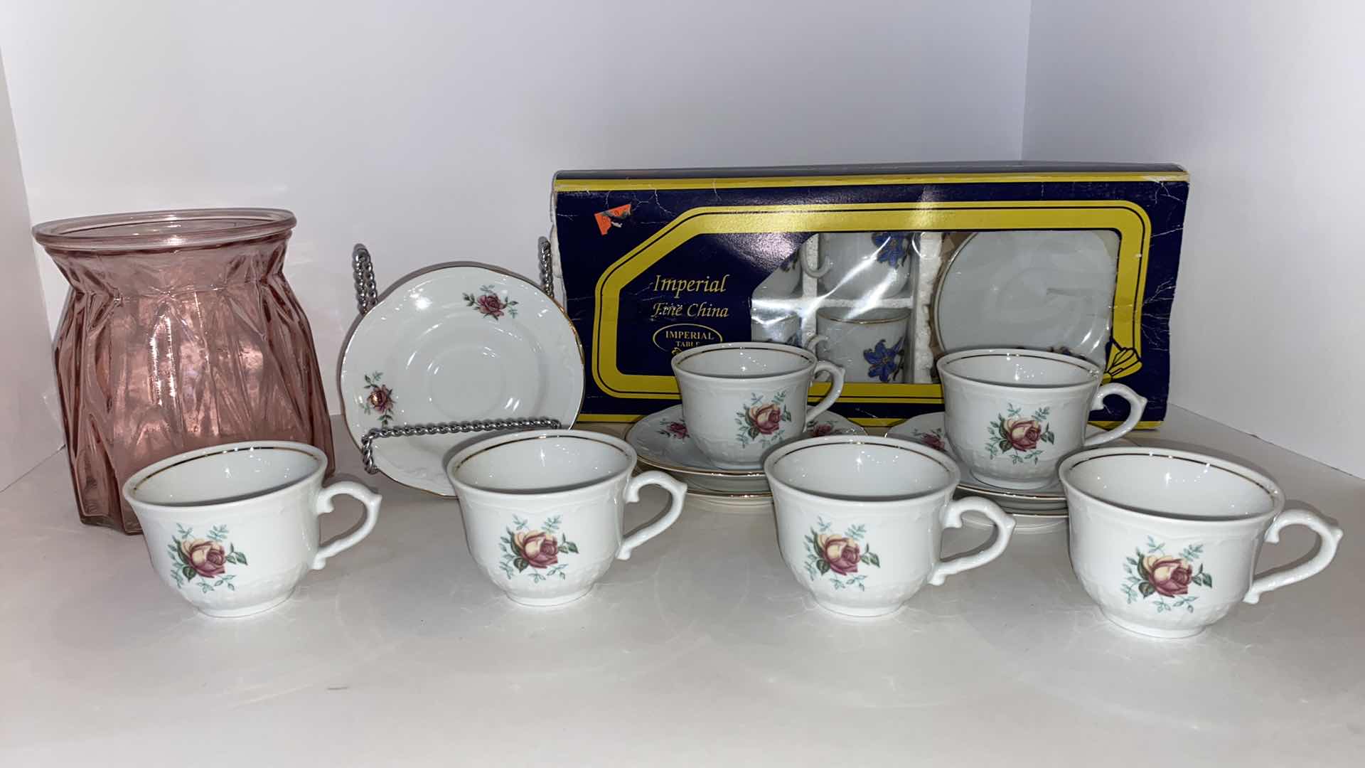 Photo 2 of GOLD RIMMED WTOCTAWEK POLAND  TEA POT TEA CUPS AND SAUCERS FOR 6 AND IMPERIAL CHINA TEA CUPS AND SAUCERS FOR 6