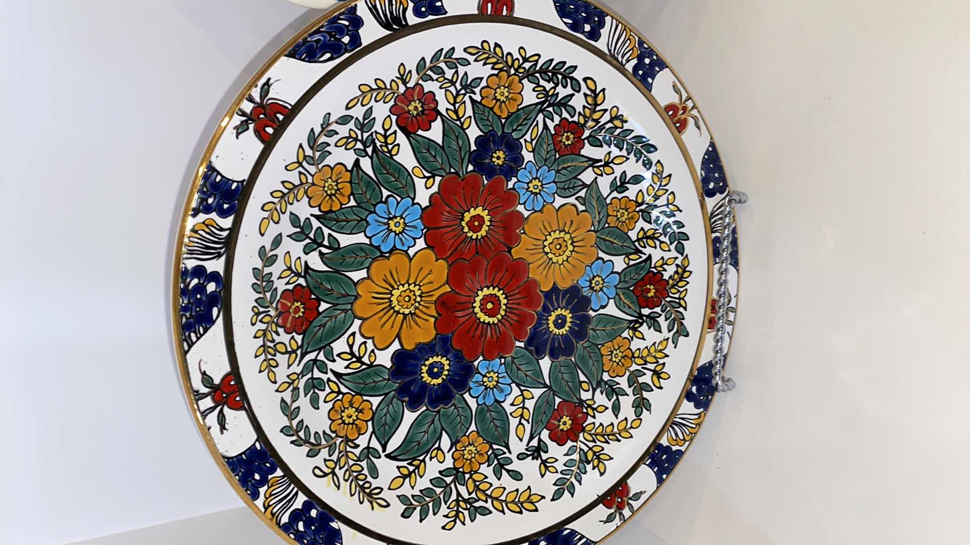 Photo 3 of 3 GOLD RIMMED FLORAL CERAMICA MADE IN GREECE PLATES 10” AND 1 PEACOCK PLATTER NOT MARKED 13”