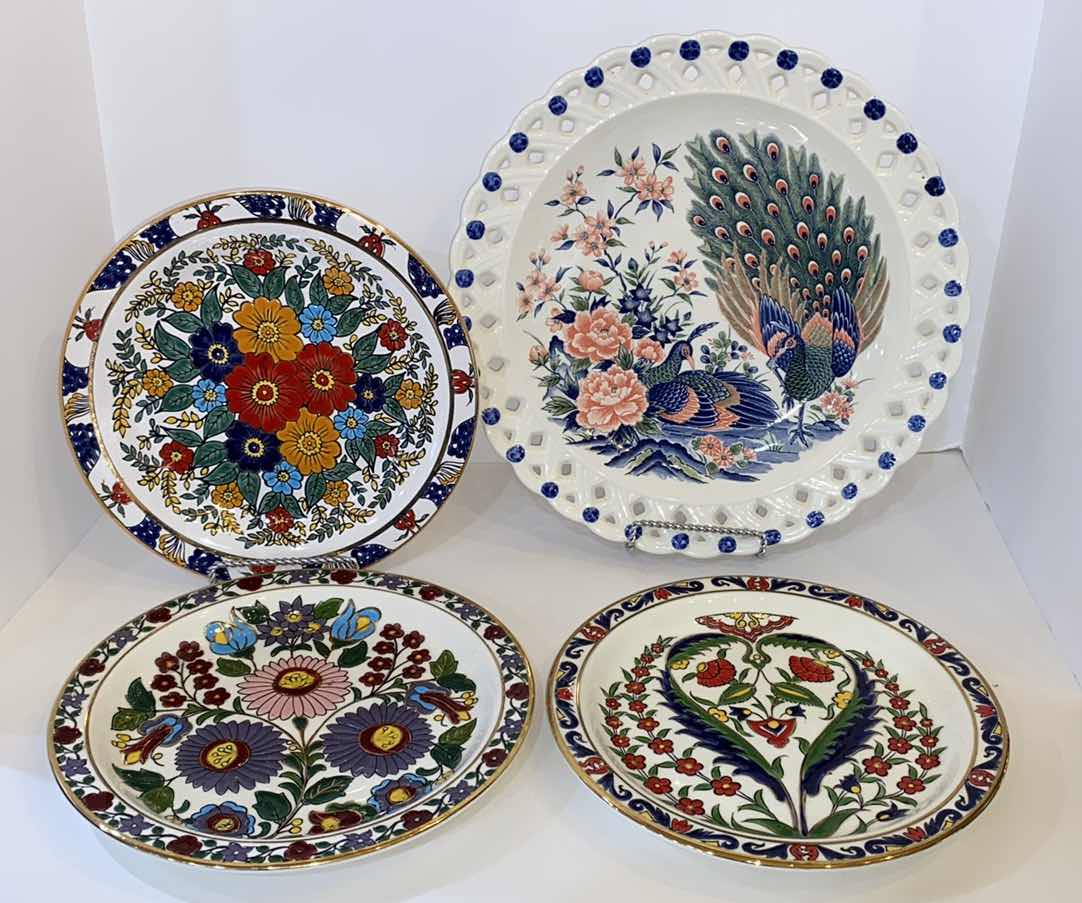 Photo 1 of 3 GOLD RIMMED FLORAL CERAMICA MADE IN GREECE PLATES 10” AND 1 PEACOCK PLATTER NOT MARKED 13”