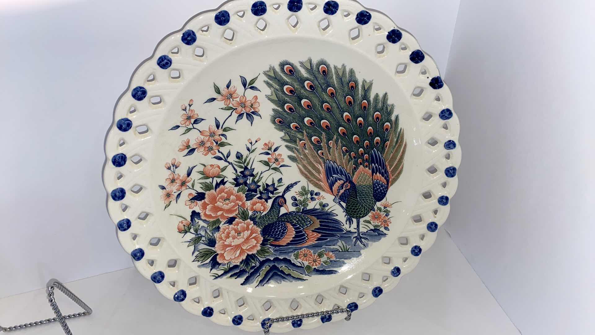 Photo 6 of 3 GOLD RIMMED FLORAL CERAMICA MADE IN GREECE PLATES 10” AND 1 PEACOCK PLATTER NOT MARKED 13”