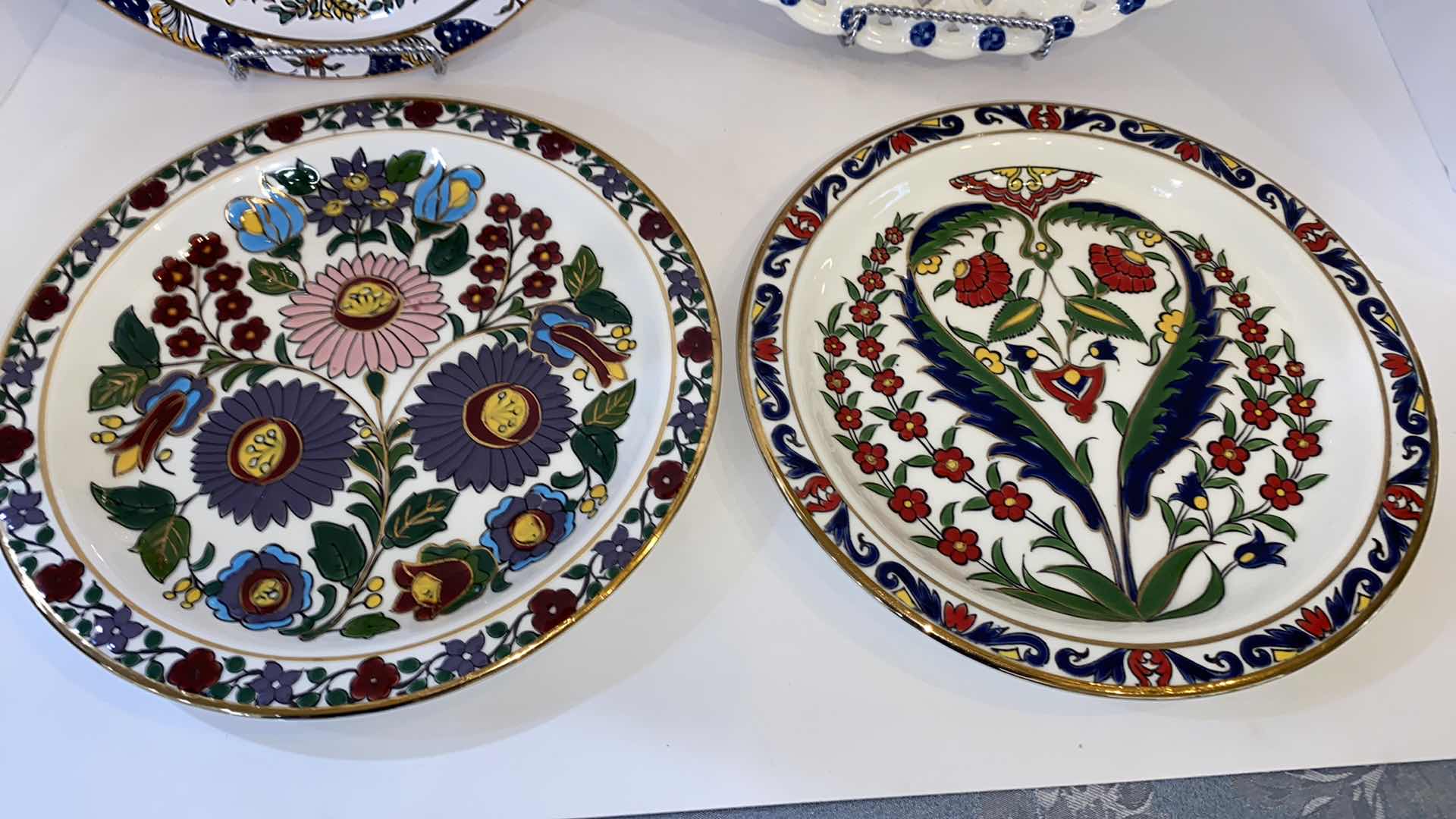 Photo 2 of 3 GOLD RIMMED FLORAL CERAMICA MADE IN GREECE PLATES 10” AND 1 PEACOCK PLATTER NOT MARKED 13”