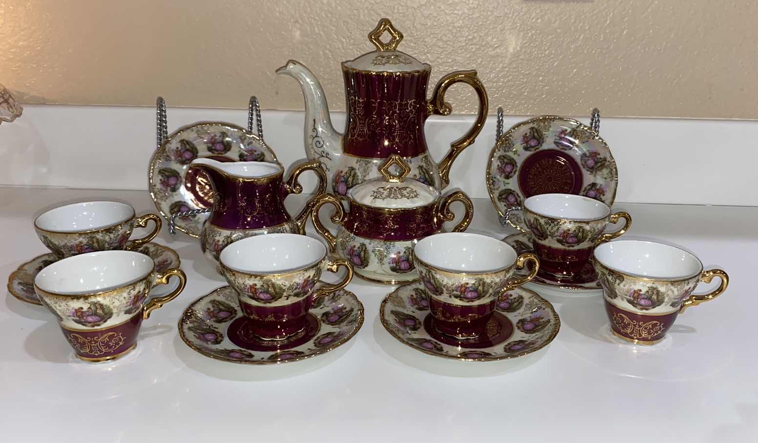 Photo 1 of GOLD RIMMED CHINA TEA SERVICE FOR 6 WITH TEA POT SAUCERS CUPS MILK AND SUGAR MADE IN JAPAN