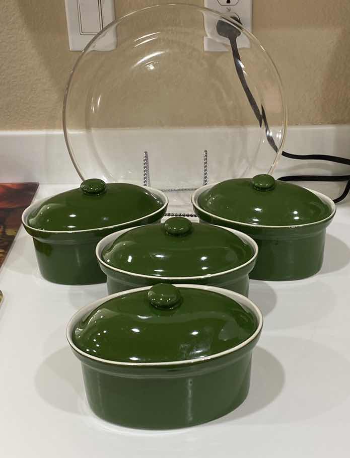 Photo 1 of 4 - H F COORS CERAMIC CASSEROLES WITH LIDS 7” AND GLASS PLATTER 12”