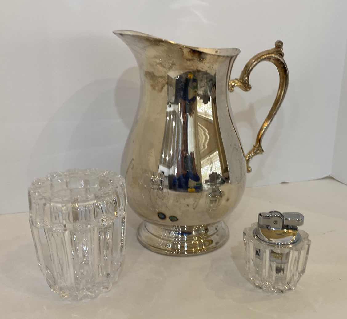 Photo 1 of SILVER PLATED WATER PITCHER AND 2 CRYSTAL ACCESSORIES