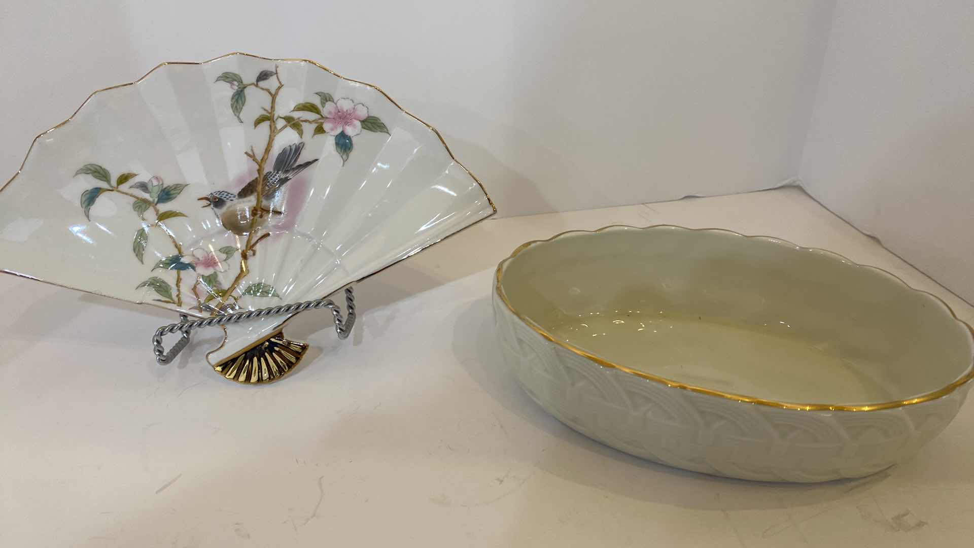 Photo 1 of PAIR OF GOLD RIMMED PORCELAIN FAN 9 1/2” x 6 1/2” AND BOWL 8”