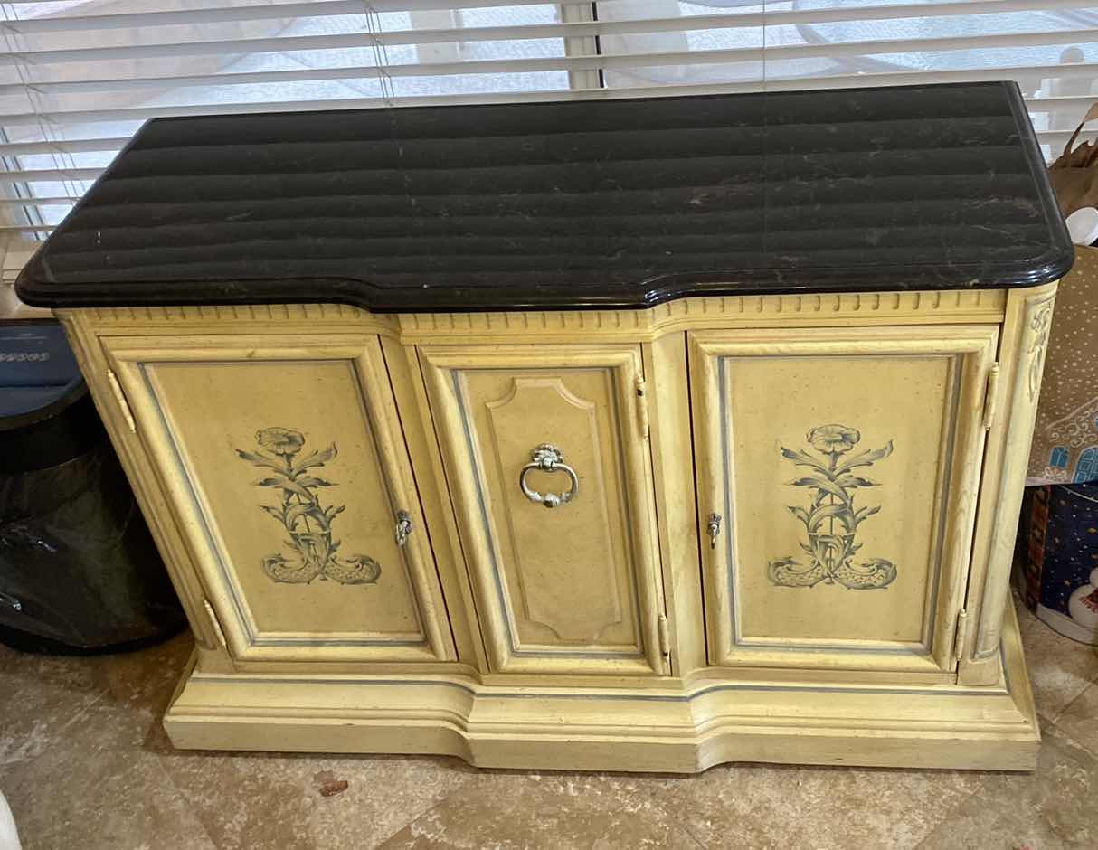 Photo 2 of SIDEBOARD WITH BLACK STONE TOP AND FLIRAL DESIGN 43“ x 19“ H 29”