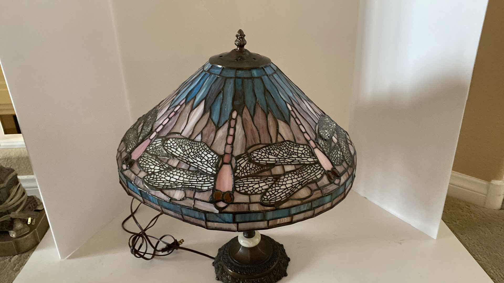 Photo 2 of TIFFANY STYLE STAIN GLASS DRAGONFLY AND IRON TABLE LAMP 22”