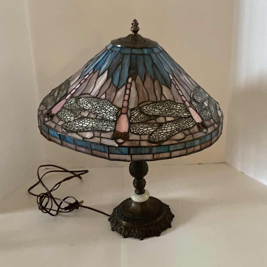Photo 1 of TIFFANY STYLE STAIN GLASS DRAGONFLY AND IRON TABLE LAMP 22”