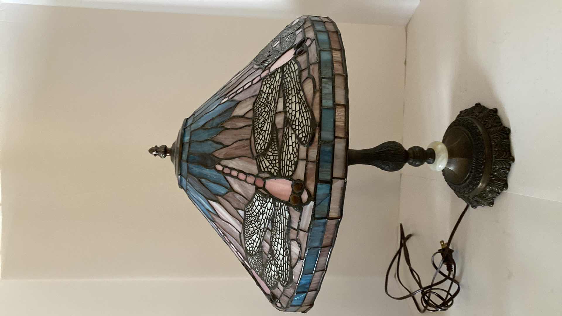 Photo 3 of TIFFANY STYLE STAIN GLASS DRAGONFLY AND IRON TABLE LAMP 22”