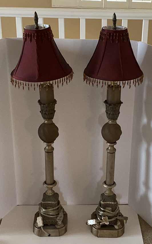 Photo 1 of PAIR OF BUFFET LAMPS WITH BURGUNDY BEADED SHADES H 42”