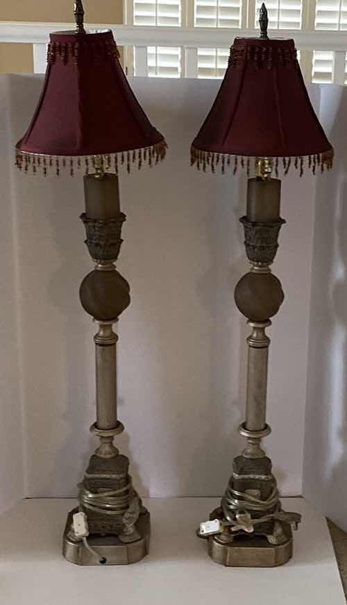 Photo 2 of PAIR OF BUFFET LAMPS WITH BURGUNDY BEADED SHADES H 42”