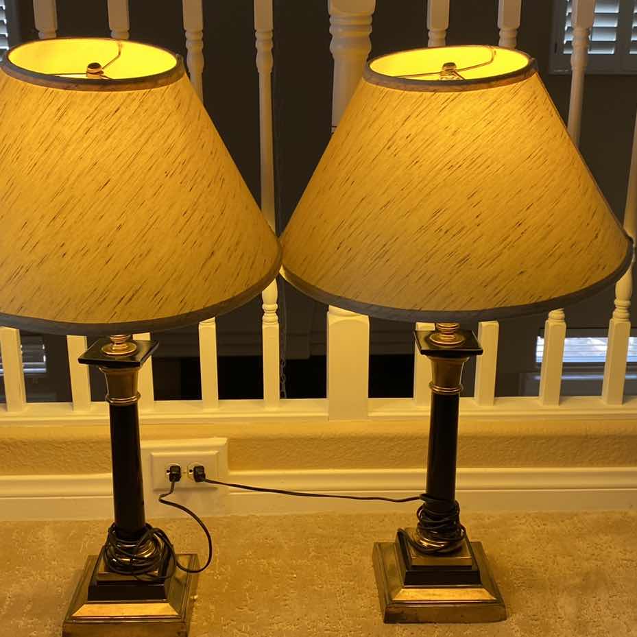 Photo 1 of PAIR OF METAL AND STONE TABLE LAMPS H 30” - METAL FADING IN AREAS