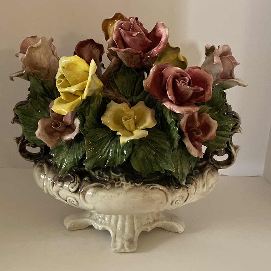 Photo 1 of VINTAGE CAPODIMONTE PORCELAIN FLORAL ARRANGEMENT 14” x 14”