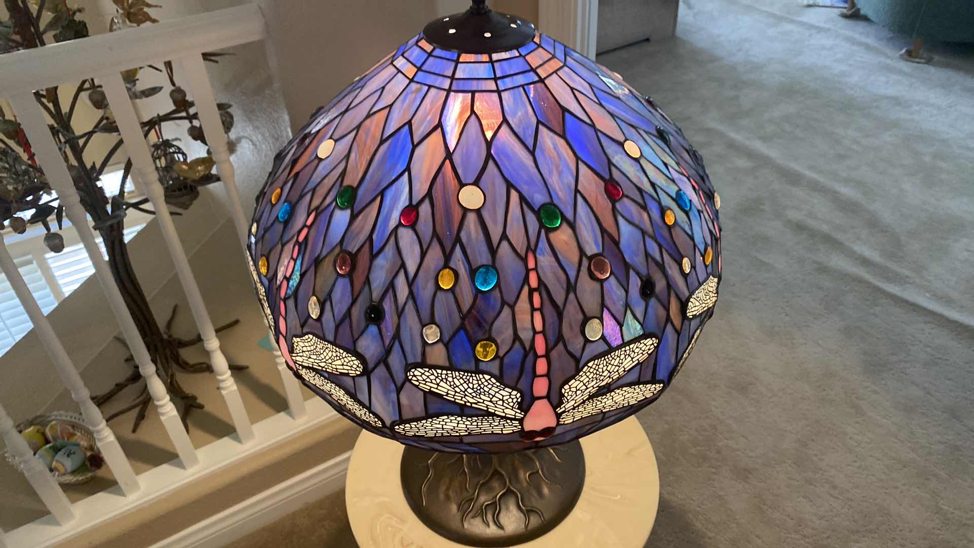 Photo 2 of TIFFANY STYLE STAIN GLASS DRAGONFLY LAMP H 28”