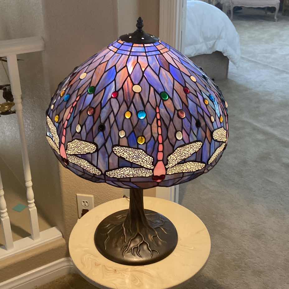 Photo 1 of TIFFANY STYLE STAIN GLASS DRAGONFLY LAMP H 28”