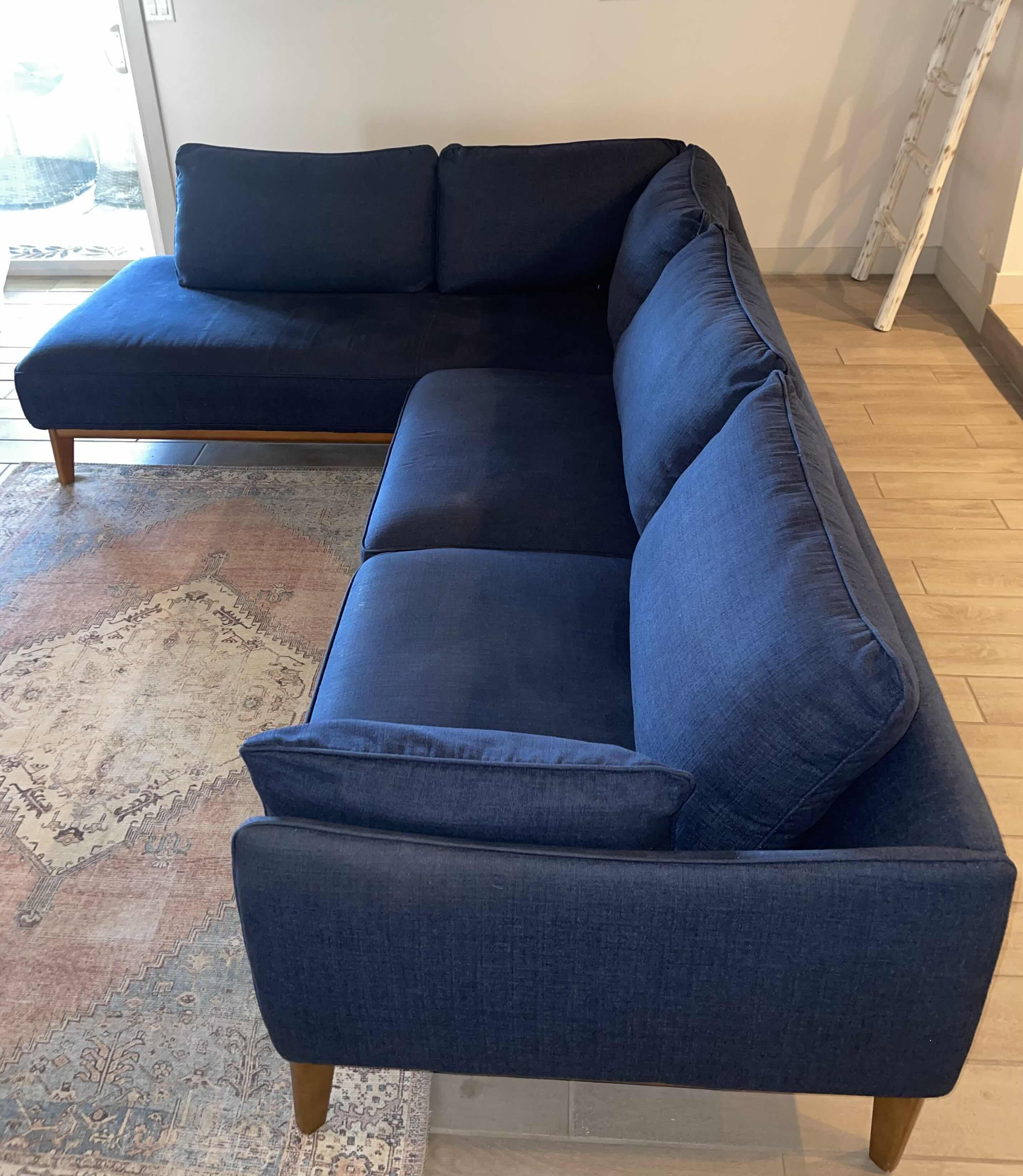 Photo 4 of MACYS LEFT FACING 113” JOLLENE MIDNIGHT BLUE SOFA 74” X 39” H 33” CHAISE 39” X 86” H 33”