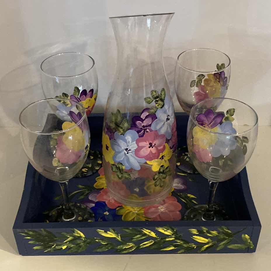 Photo 1 of 6 PIECE HAND PAINTED WINE SET TRAY CARAFE AND GLASSES