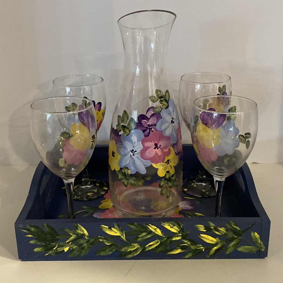 Photo 2 of 6 PIECE HAND PAINTED WINE SET TRAY CARAFE AND GLASSES