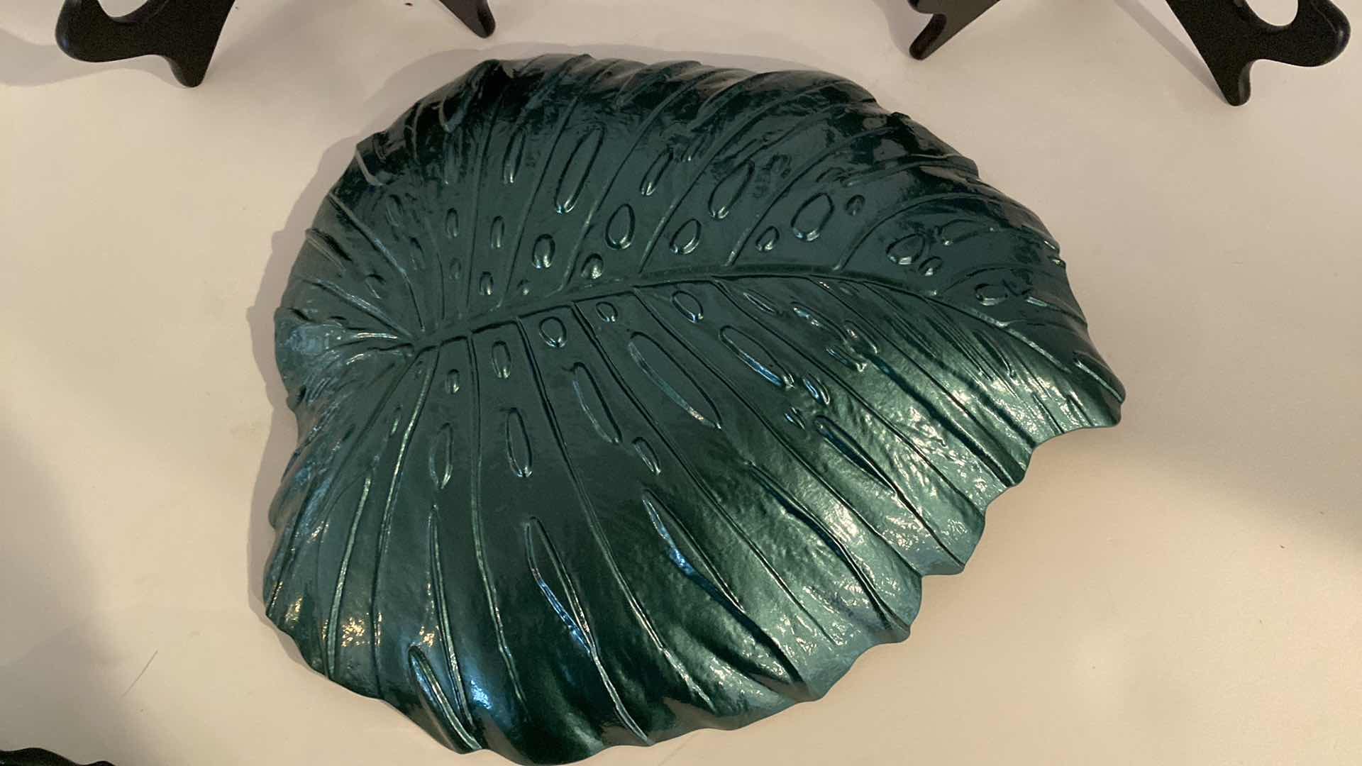 Photo 4 of 3 PIECES GREEN GLASS LEAF PLATTERS LARGEST 12” x 13 1/2”