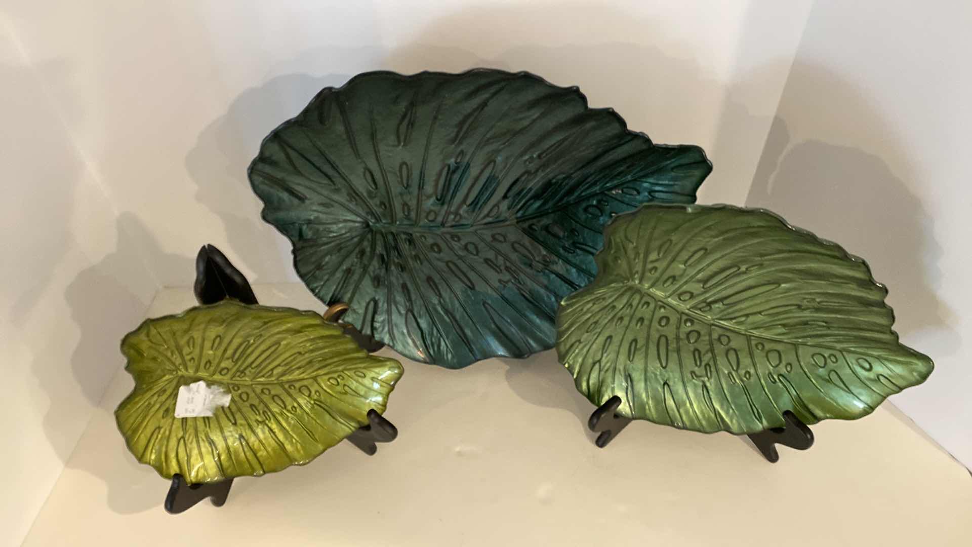 Photo 2 of 3 PIECES GREEN GLASS LEAF PLATTERS LARGEST 12” x 13 1/2”