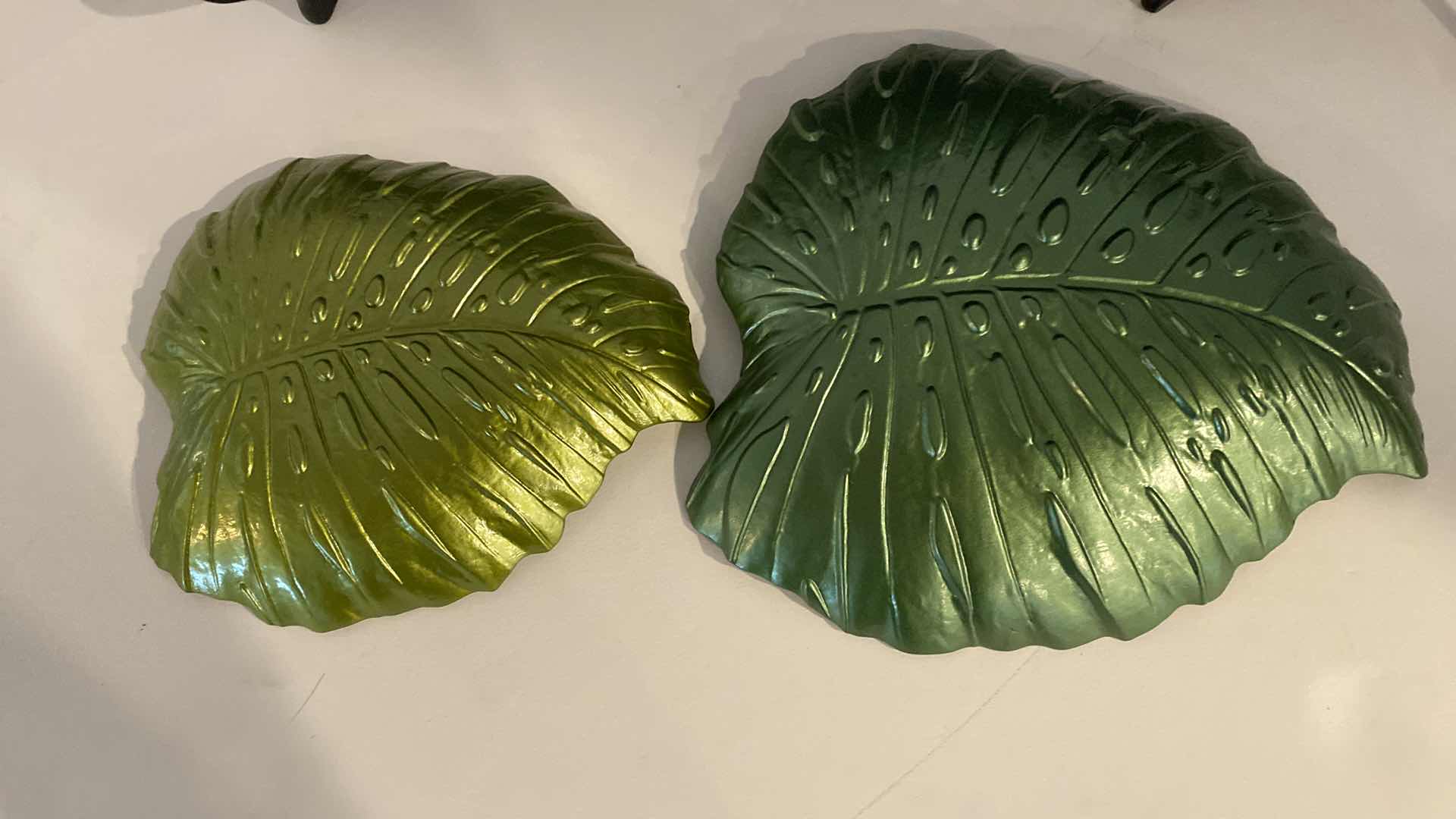 Photo 3 of 3 PIECES GREEN GLASS LEAF PLATTERS LARGEST 12” x 13 1/2”