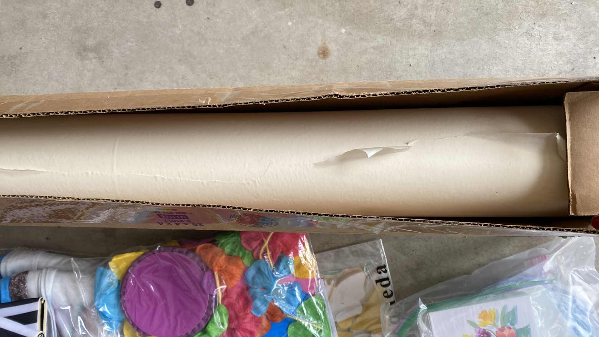 Photo 2 of BOX OF PARTY SUPPLIES AND SHELF PAPER?(Sticky on one side)