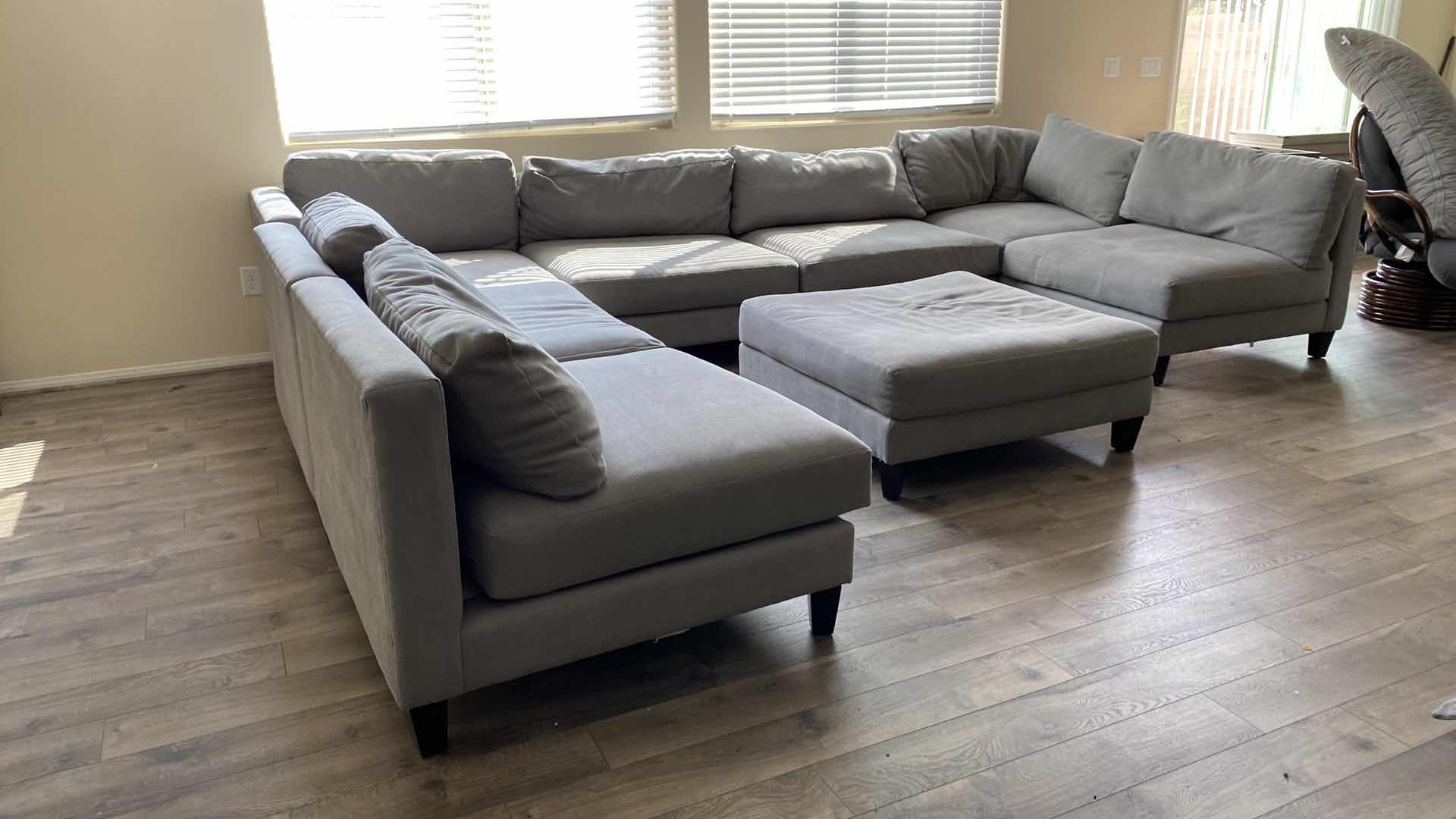 Photo 2 of 7 PIECE SECTIONAL GRAY FABRIC SOFA, CAN BE ARRANGED MULTIPLE WAYS EACH PIECE 40” x 40” H 30”, FABRIC COCKTAIL TABLE 40 1/2” x 40 1/2”