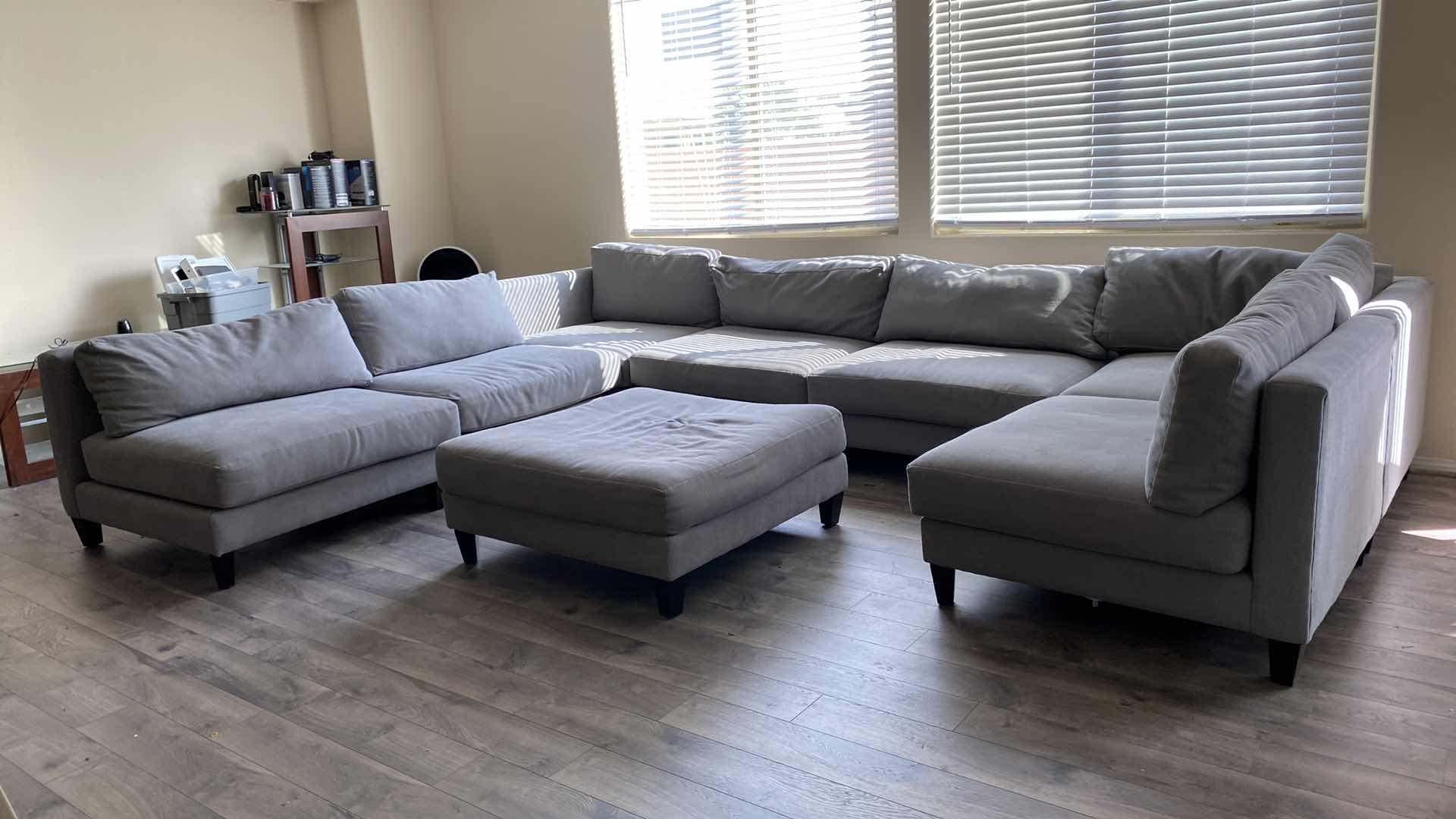 Photo 1 of 7 PIECE SECTIONAL GRAY FABRIC SOFA, CAN BE ARRANGED MULTIPLE WAYS EACH PIECE 40” x 40” H 30”, FABRIC COCKTAIL TABLE 40 1/2” x 40 1/2”